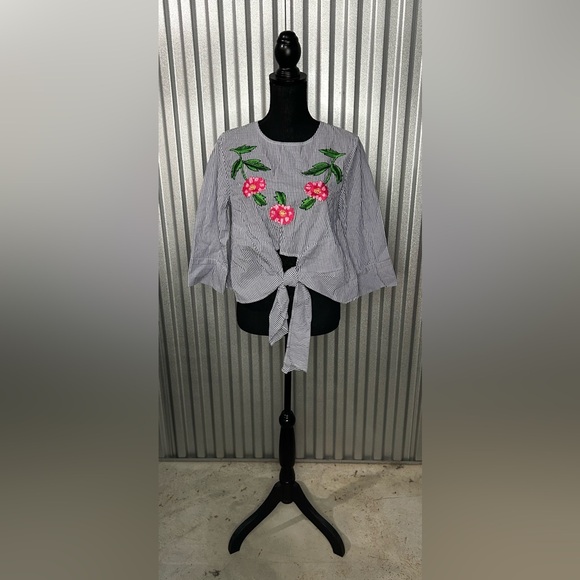 Velzera Tops - Women’s Velzera Blue Striped Floral Long Sleeve Cotton Blouse Designer Small